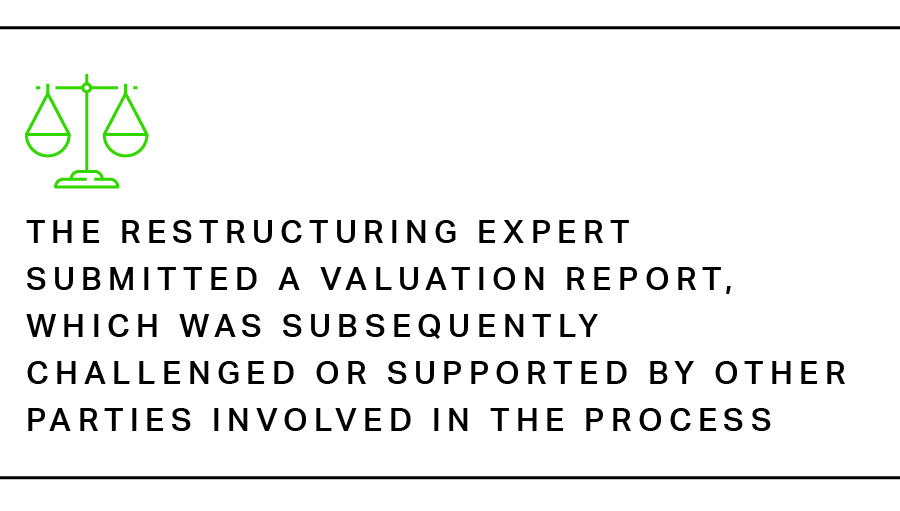 The restructuring expert submitted a valuation report, which was subsequently challenged or supported by other parties involved in the process 