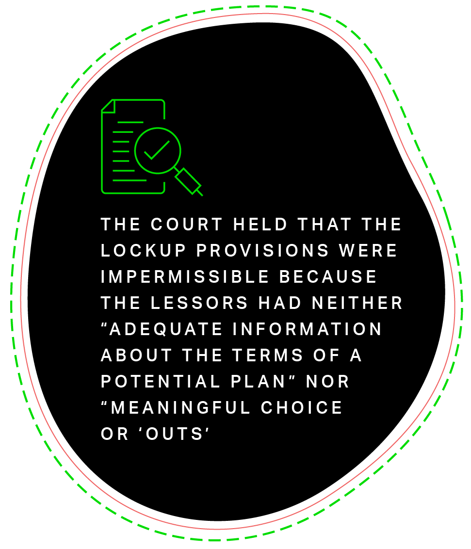 The Court held that the Lockup Provisions were impermissible because the lessors had neither “adequate information about the terms of a potential plan” nor “meaningful choice or ‘outs’