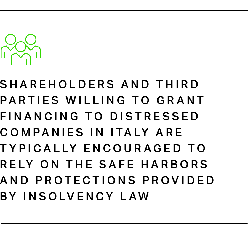 Shareholders and third parties willing to grant financing to distressed companies in Italy are typically encouraged to rely on the safe harbors and protections provided by insolvency law.