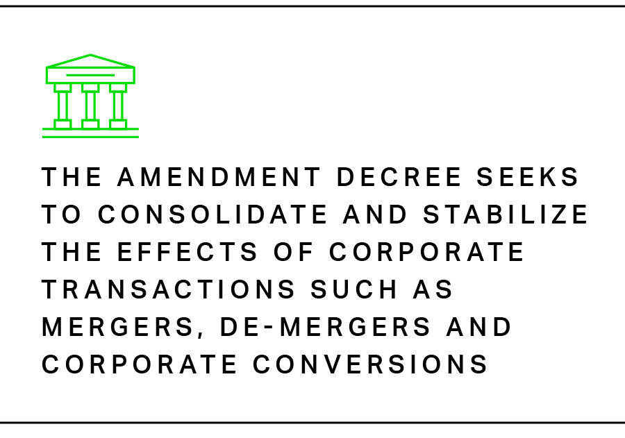 The Amendment Decree seeks to consolidate and stabilize the effects of corporate transactions such as mergers, de-mergers and corporate conversions