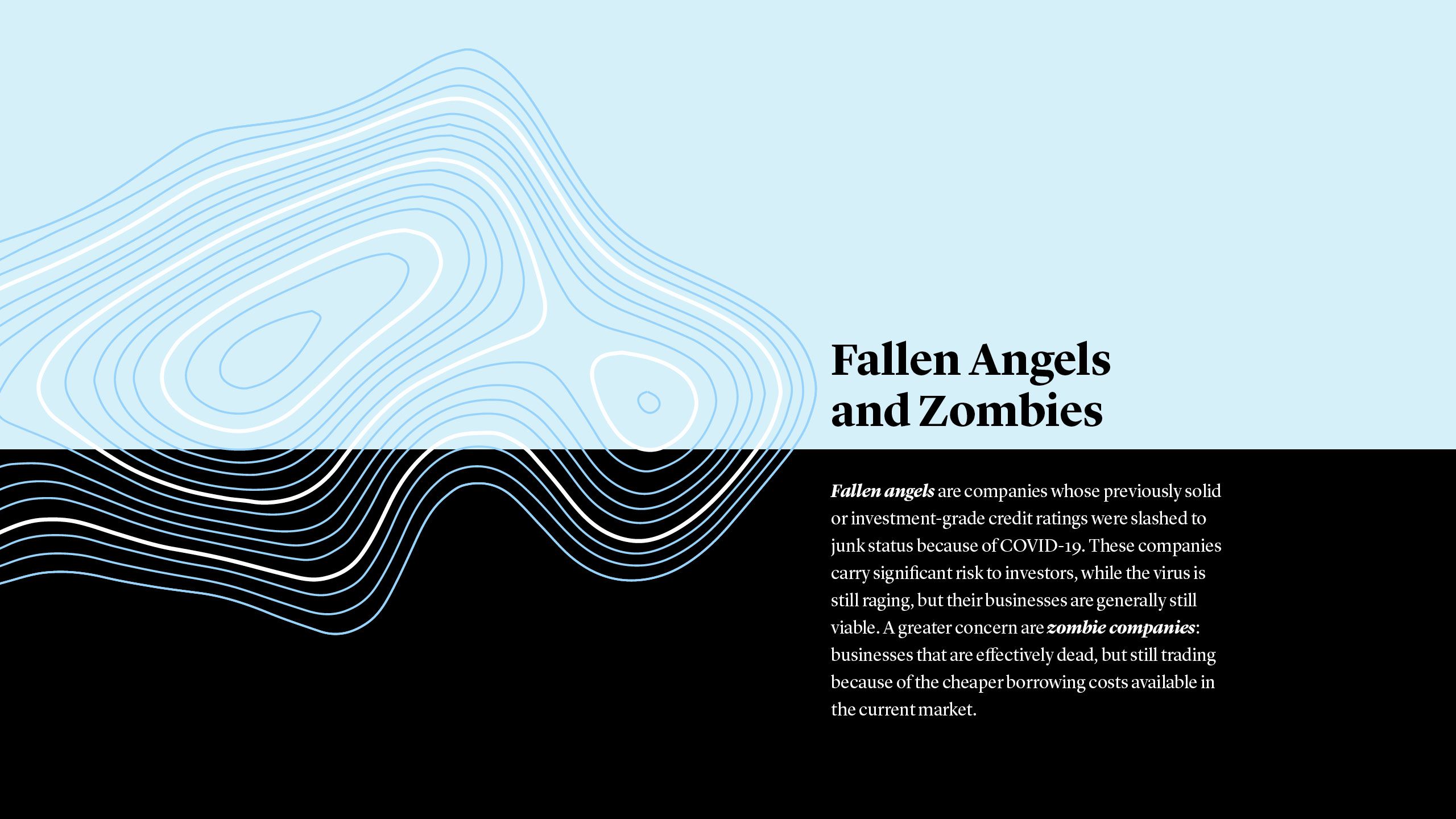 Fallen angels are companies whose previously solid or investment-grade credit ratings were slashed to junk status because of COVID-19. These companies carry significant risk to investors, while the virus is still raging, but their businesses are generally still viable. A greater concern are zombie companies: businesses that are effectively dead, but still trading because of the cheaper borrowing costs available in the current market. 