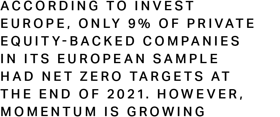 According to Invest Europe, only 9% of private equity-backed companies in its European sample had net zero targets at the end of 2021. However, momentum is growing
