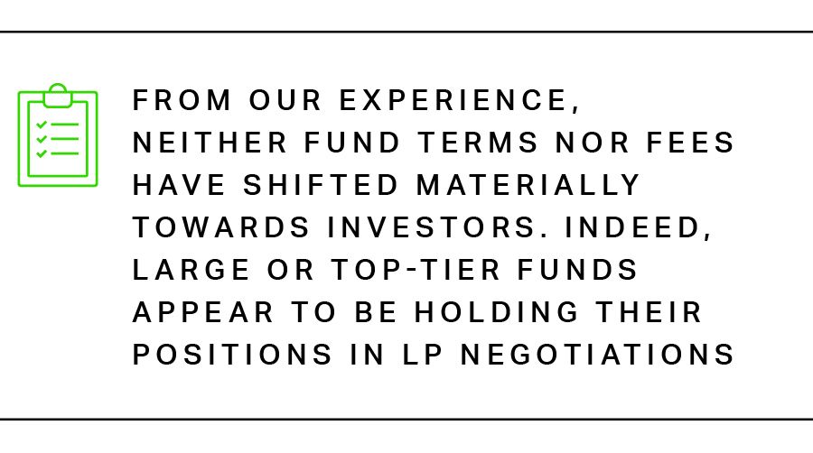 From our experience,  neither fund terms nor fees have shifted materially towards investors. Indeed, large or top-tier funds  appear to be holding their positions in LP negotiations.
