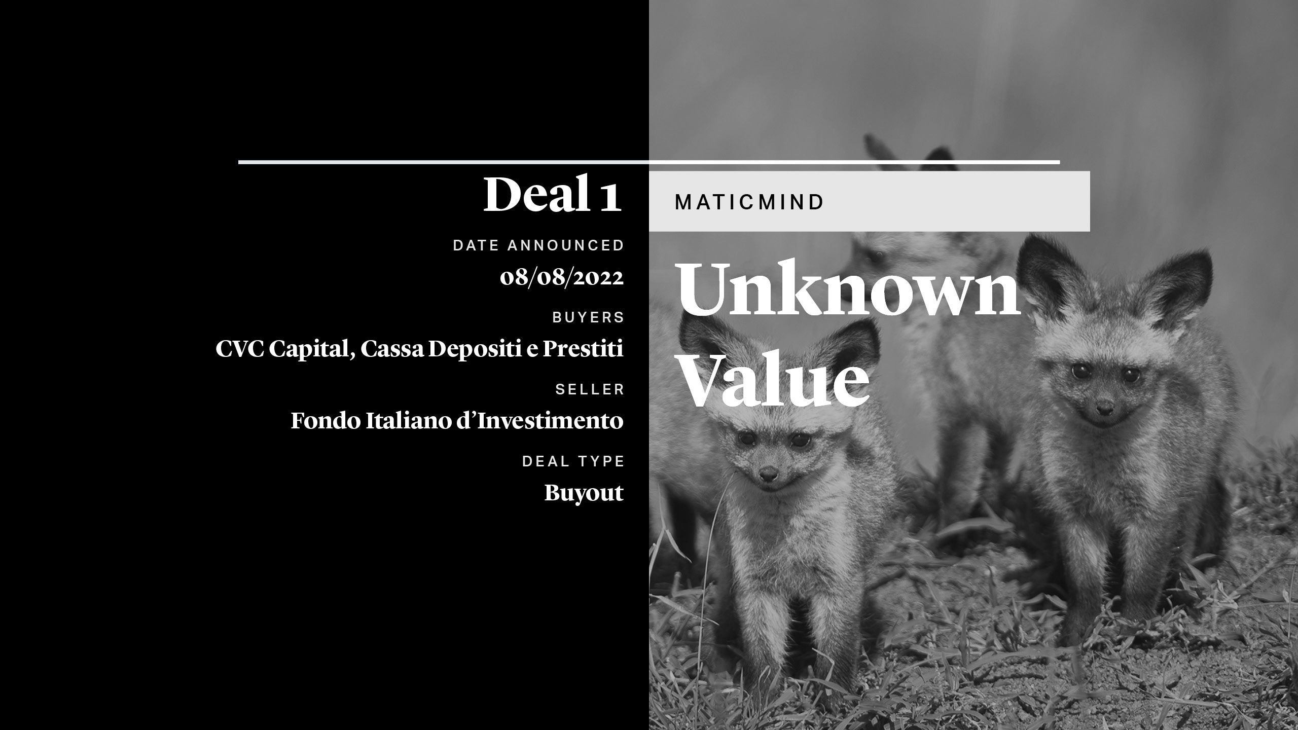 Deal 1 MATICMIND DATE ANNOUNCED - 08/08/2022 BUYERS - CVC Capital, Cassa Depositi e Prestiti SELLER - Fondo Italiano d'Investimento DEAL TYPE - Buyout