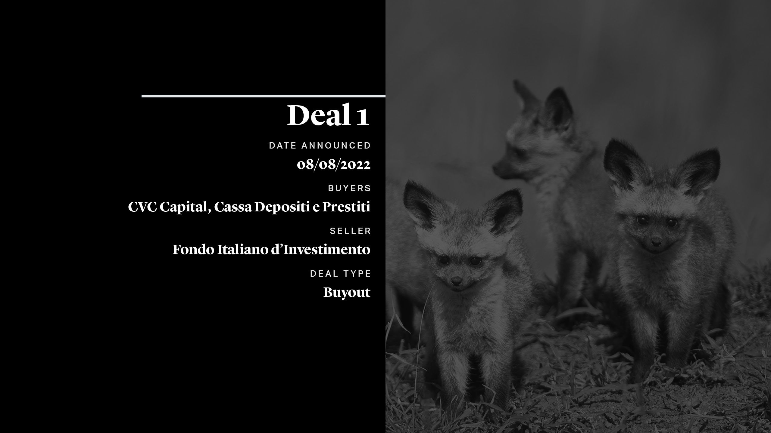Deal 1 MATICMIND DATE ANNOUNCED - 08/08/2022 BUYERS - CVC Capital, Cassa Depositi e Prestiti SELLER - Fondo Italiano d'Investimento DEAL TYPE - Buyout