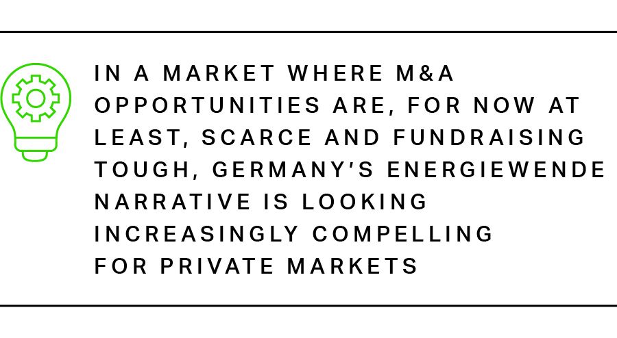 In a market where M&A opportunities are, for now at least, scarce and fundraising tough, Germany’s Energiewende narrative is looking increasingly compelling for private markets